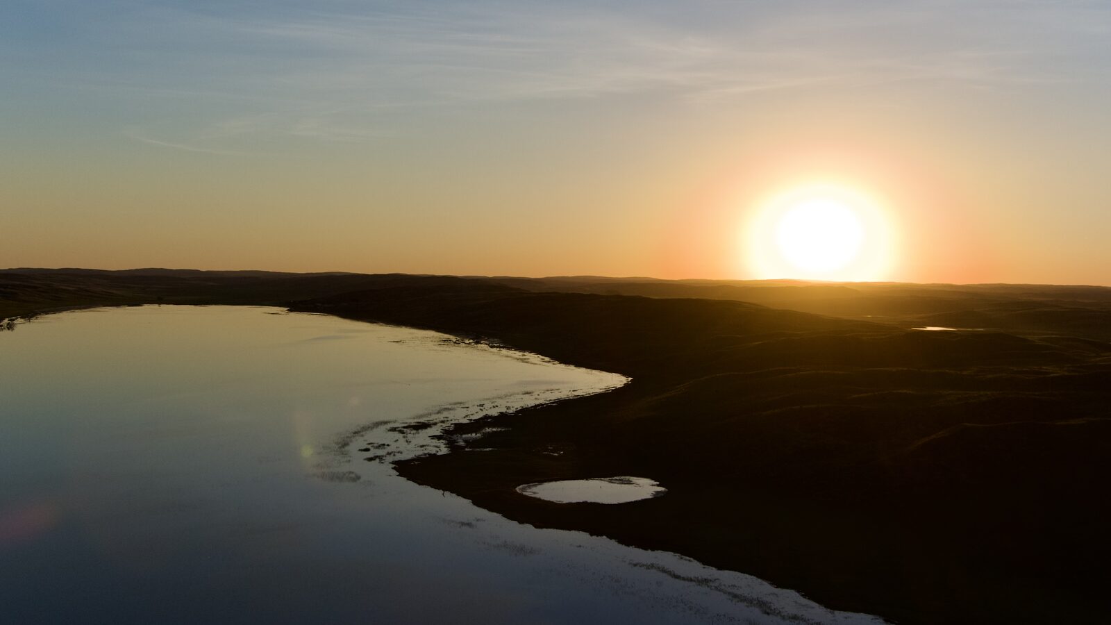 Drone view of sunset over Lake Alkali