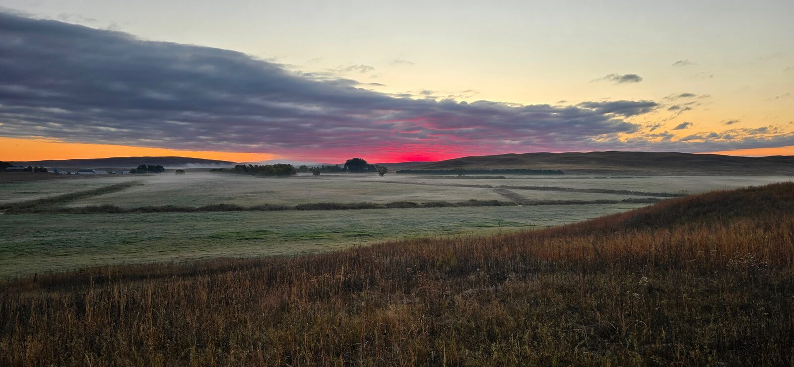 Dawn over meadow with morning fog at The Main Place